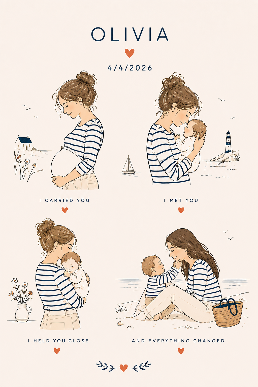 Affiche MAMAN personnalisée au prénom Olivia : maman aux cheveux châtains coiffés en chignon avec son bébé