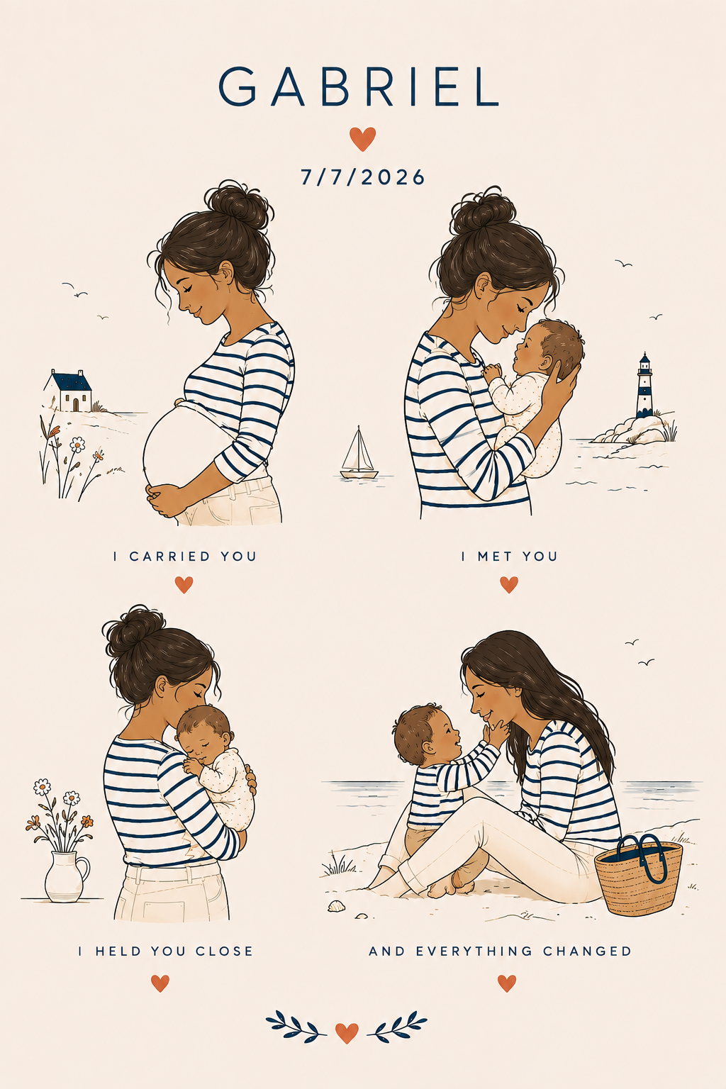 Affiche MAMAN personnalisée au prénom Gabriel : maman brune au teint mat avec son bébé
