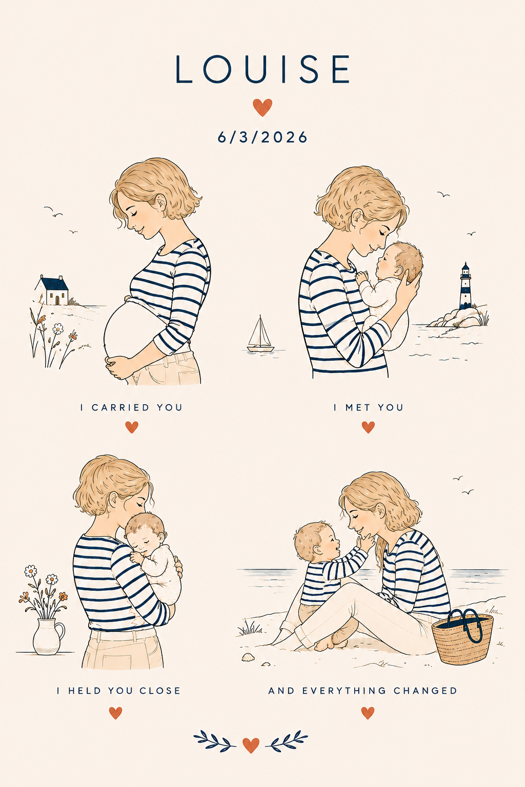Affiche MAMAN personnalisée au prénom Louise : maman blonde aux cheveux courts avec son bébé